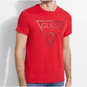 GUESS Red Logo V-Neck T-Shirt Men's Medium Graphic Tee Casual